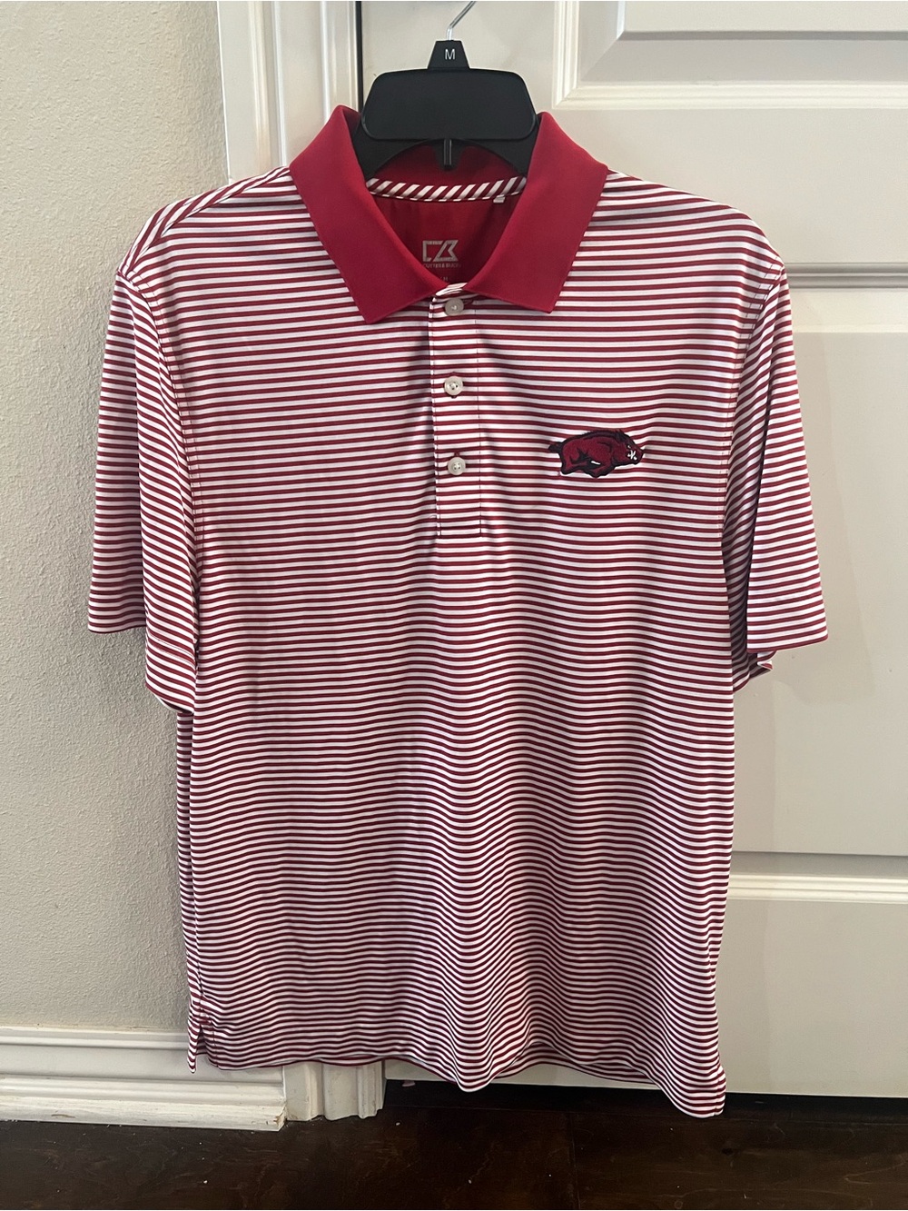 Cutter & Buck Red and White Striped AR Razorbacks Polo